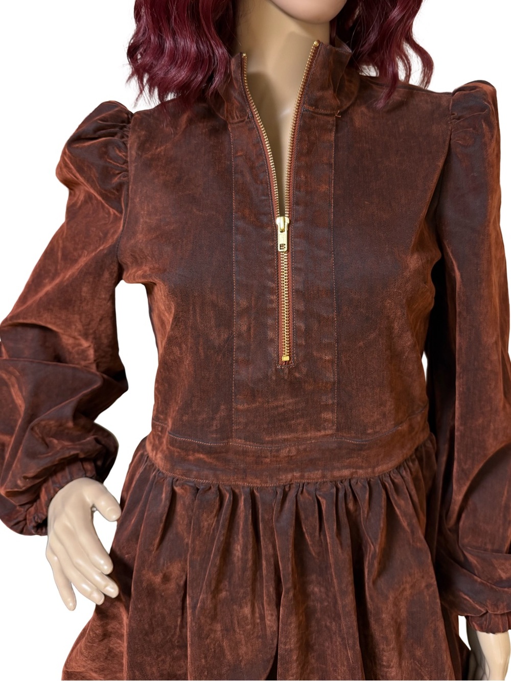 AKIRA NWT Sz S Brown Velvet Denim Long Sleeve Flare Bubbly Mini Dress (0779) - Picture 6 of 16